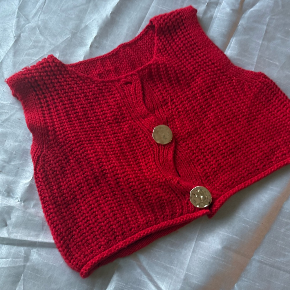 Red Knit Sweater Vest with Gold Buttons